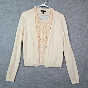 J.Crew Merino Wool Ruffle Clip Dot Front Cardigan Sweater Cream Sz S